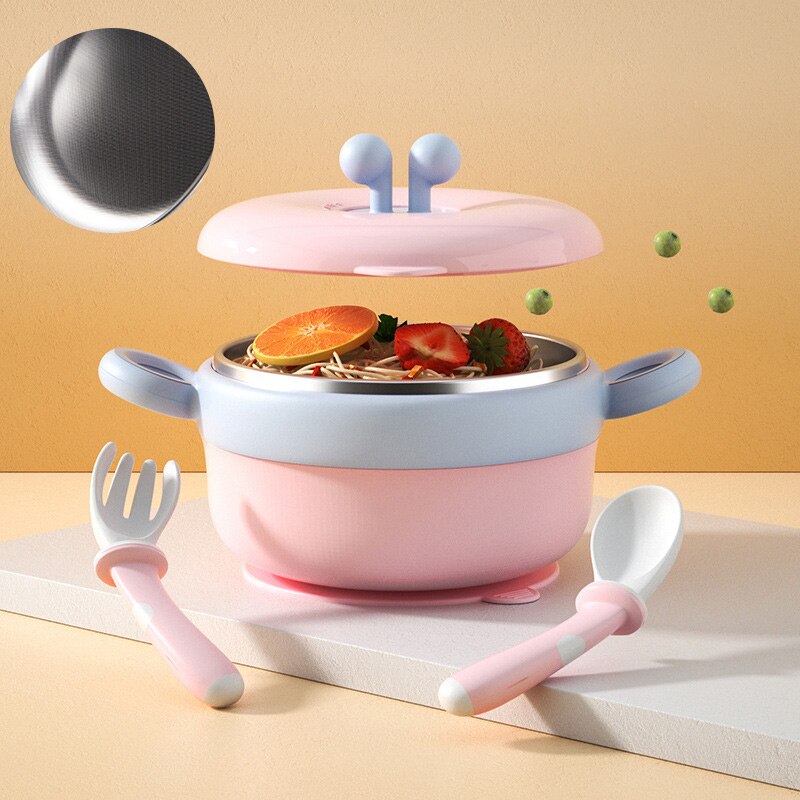 JCARSON – couvercle de bol à ventouse pour bébé, ensembles de vaisselle, plaque d&#39;aspiration, plats grille d&#39;injection d&#39;eau, cuillère fourchette en acier inoxydable: Pink Grid Bowl