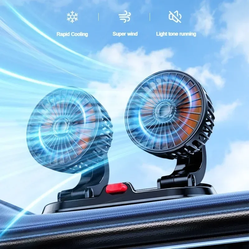 Autoventilator usb /12v/24v dubbele kop verstelbaar 360 ° elektrische autoventilator stil 2- snelheden multifunctioneel tijdelijke parkeerkaart autoventilator