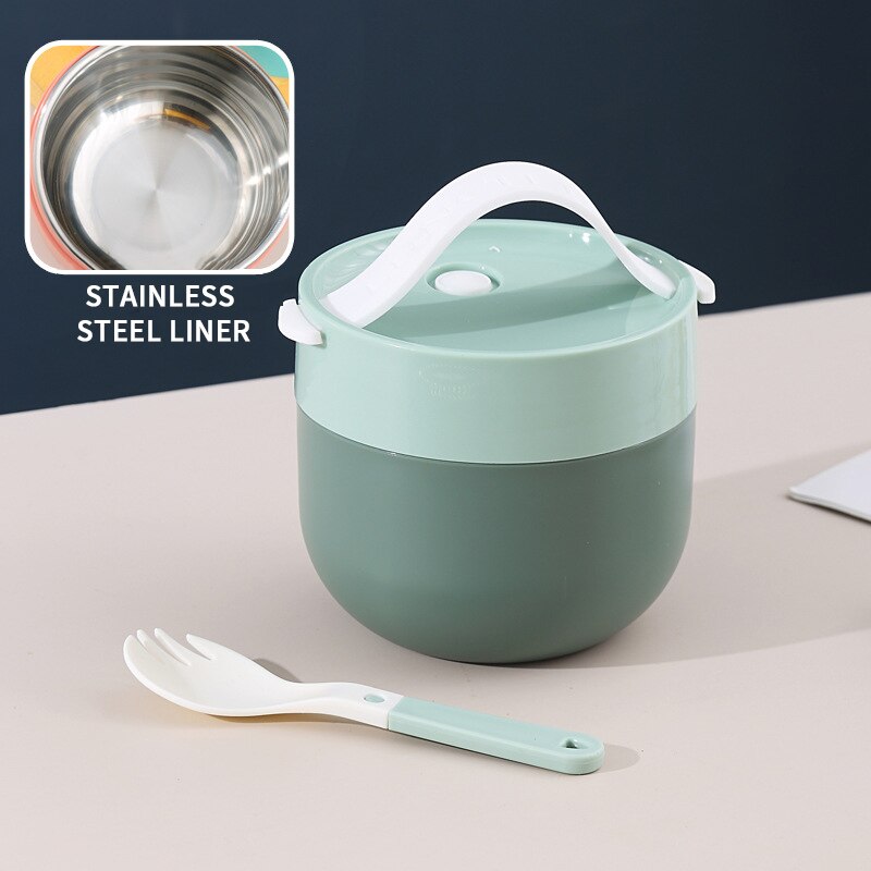 Portable Soup Cup Lunch Box Stainless Steel/Plastic Thermos Mug Food Container Thermal Cup Vacuum Bento Box With Spoon For Kids: B-Green