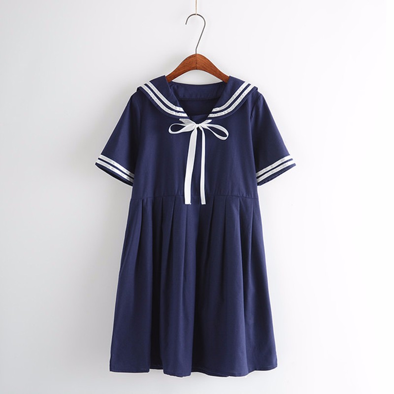 Autumn Summer Women's Dress Female Cotton-Line Sailor Collar College Sweet Striped Pure Girls Dress