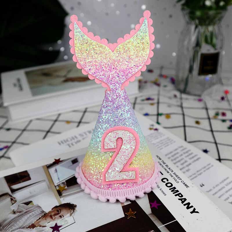 Happy Birthday Hat 1st 2nd 3rd Year Old Kids Girl Birthday Baby Shower Mermaid Tail Headband Hat Decoration Party Supplies