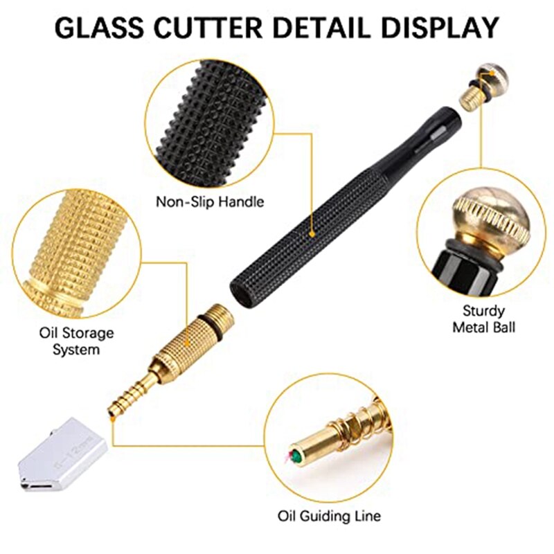 Glass Cutter Kit With Booster Bar Assist, 2-6,6-12,12-20 Mm Glass Cutter Head With Flat Glass Pliers For Cutting Mirror