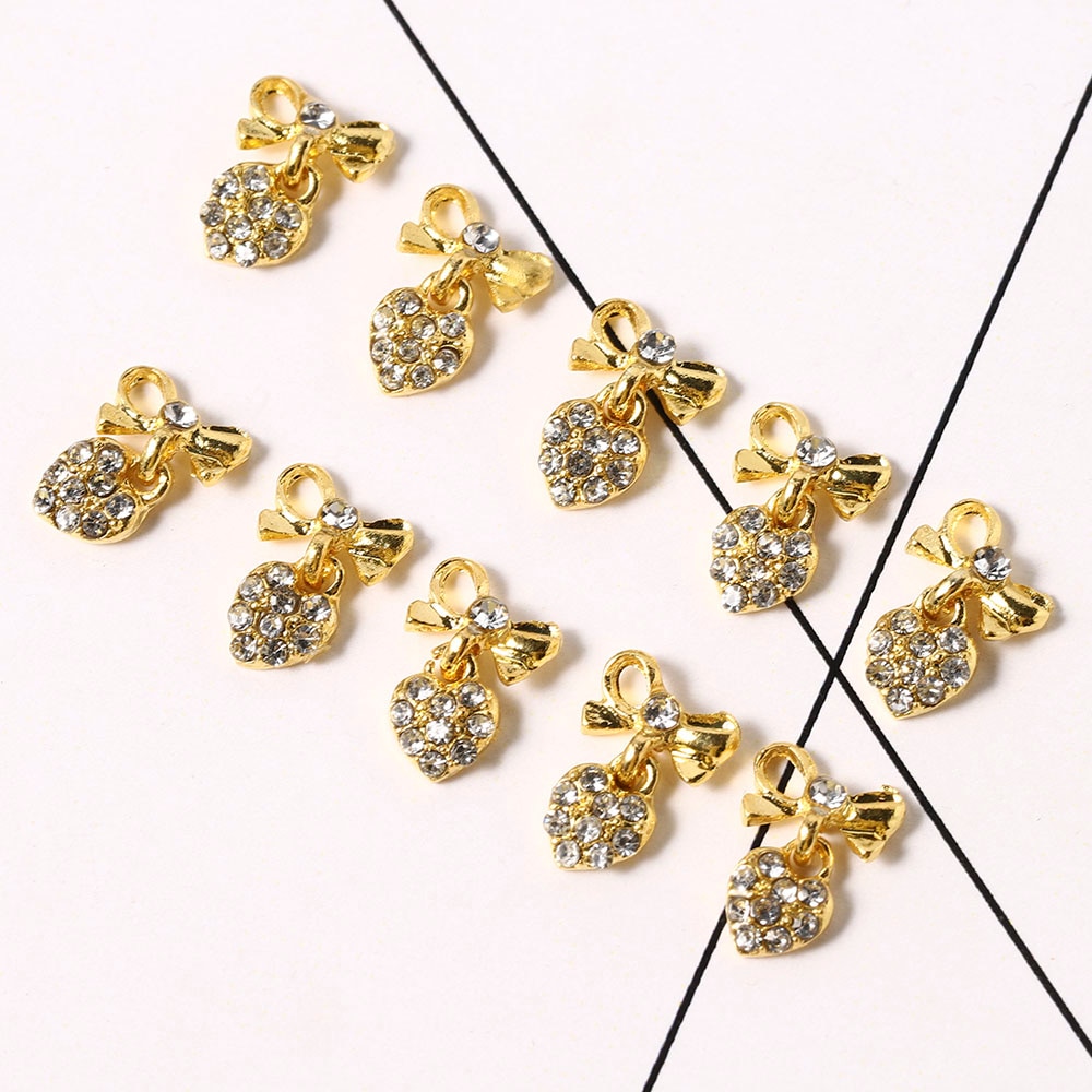 10Pcs Gold Strik Liefde Glitter Steentjes Voor Nagels Legering Kerst Viering Nail Art Decoraties 3d Nail Sieraden