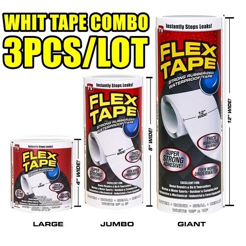 50% OFF 3 Color Flex Strong Rubberized Waterproof Tape Adhesive Super Thick Pro Formula Black White Clear: WHITE COMBO