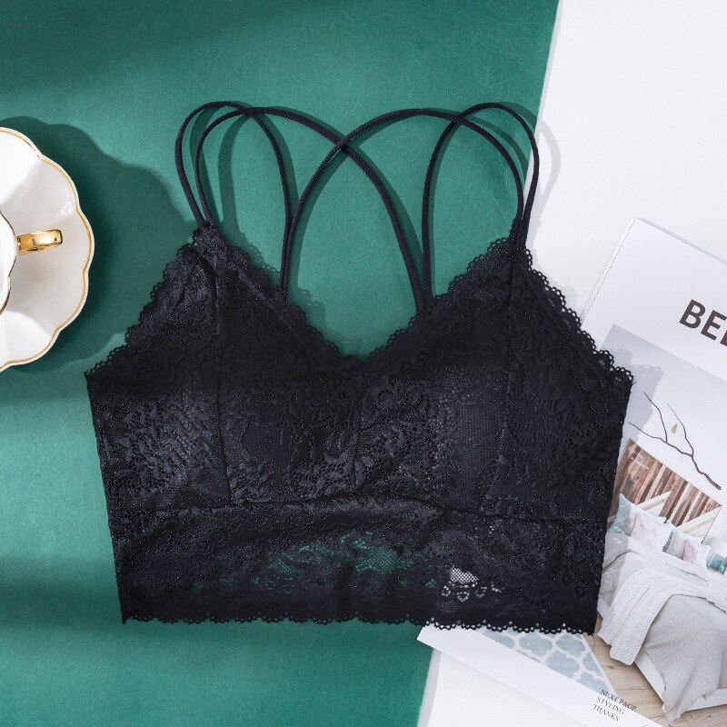 Nyeste blomstrede blonde bh'er til kvinder sexet lingeri dyb v blonde bralette kvindelig brystholder wire fri tyndt undertøj push up bh sort: Sort