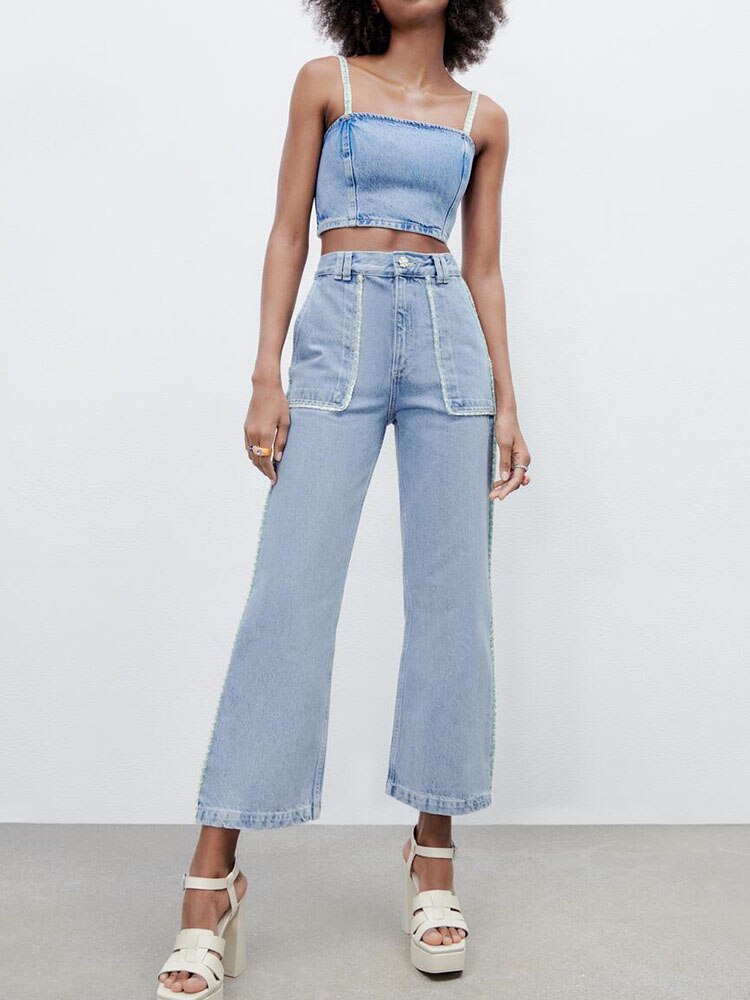 Voorjaar Vrouwen Mode Retro Alle-Wedstrijd Hoge Taille Dunne Losse Ongedwongen Pocket Wijde Pijpen Contrast Stiksels jeans