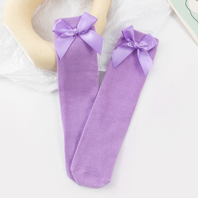 Effen Kleur Lente Zomer Baby Peuter Kinderen Sokken Zachte Katoenen Baby Meisje Sokken Leuke Bows Prinses Meisje Kniekousen: Purple