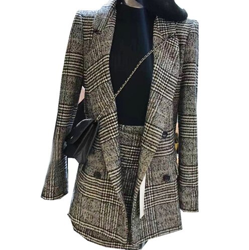 2 chaquetas de Otoño de manga larga abrigo de tela escocesa faldas de tweed conjunto de traje de dos piezas de talla grande