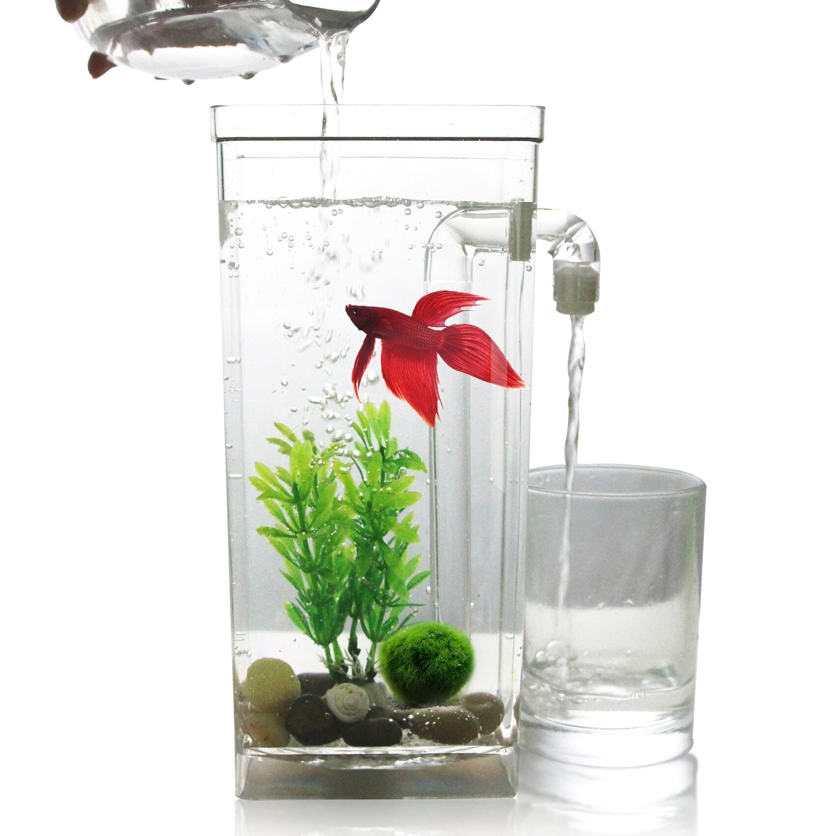 Ecologisch klein aquarium vierkant aquarium luie desktop aquarium goudvis vissenkom automatische waterverversing: Vierkante vissenkom