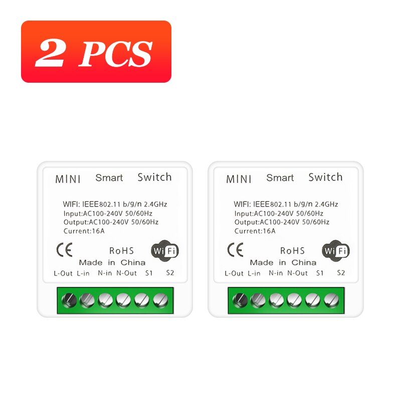 16A MINI Wifi Smart Switch 2-way Control Timer Wireless DIY Switch Smart Home Voice Control Works With Tuya Alexa Google Home: 2pcs