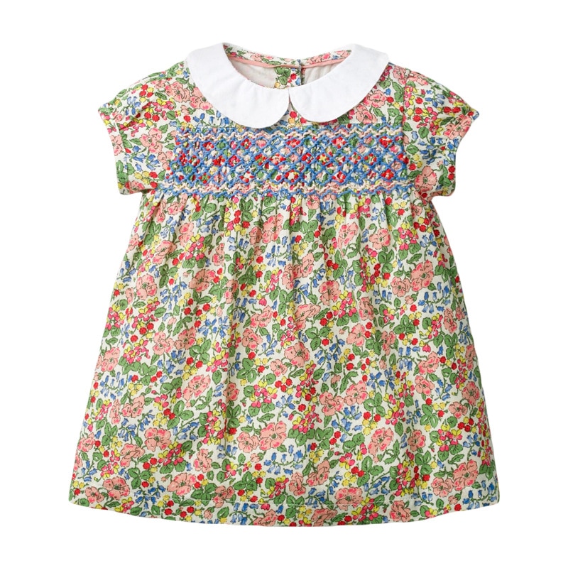 Barnklänning Smocked för Flickor - Peter Pan-krage Handbroderad: Gul blommig / 6