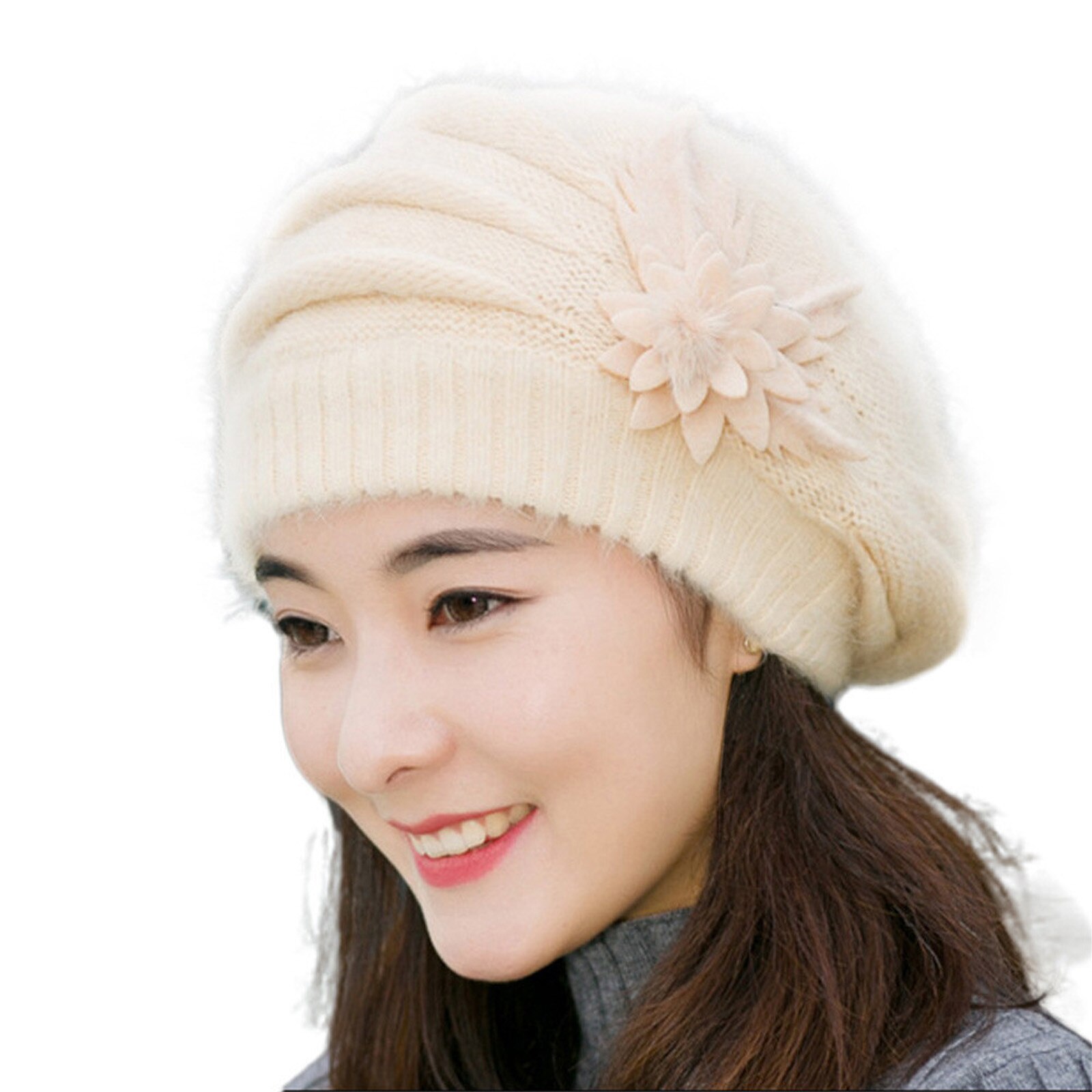 Dames Hoed Bloem Brei Haak Beanie Hat Winter Warm Cap Baret Meisje Mode Motorkap Cap Zachte wol Hoed: BG