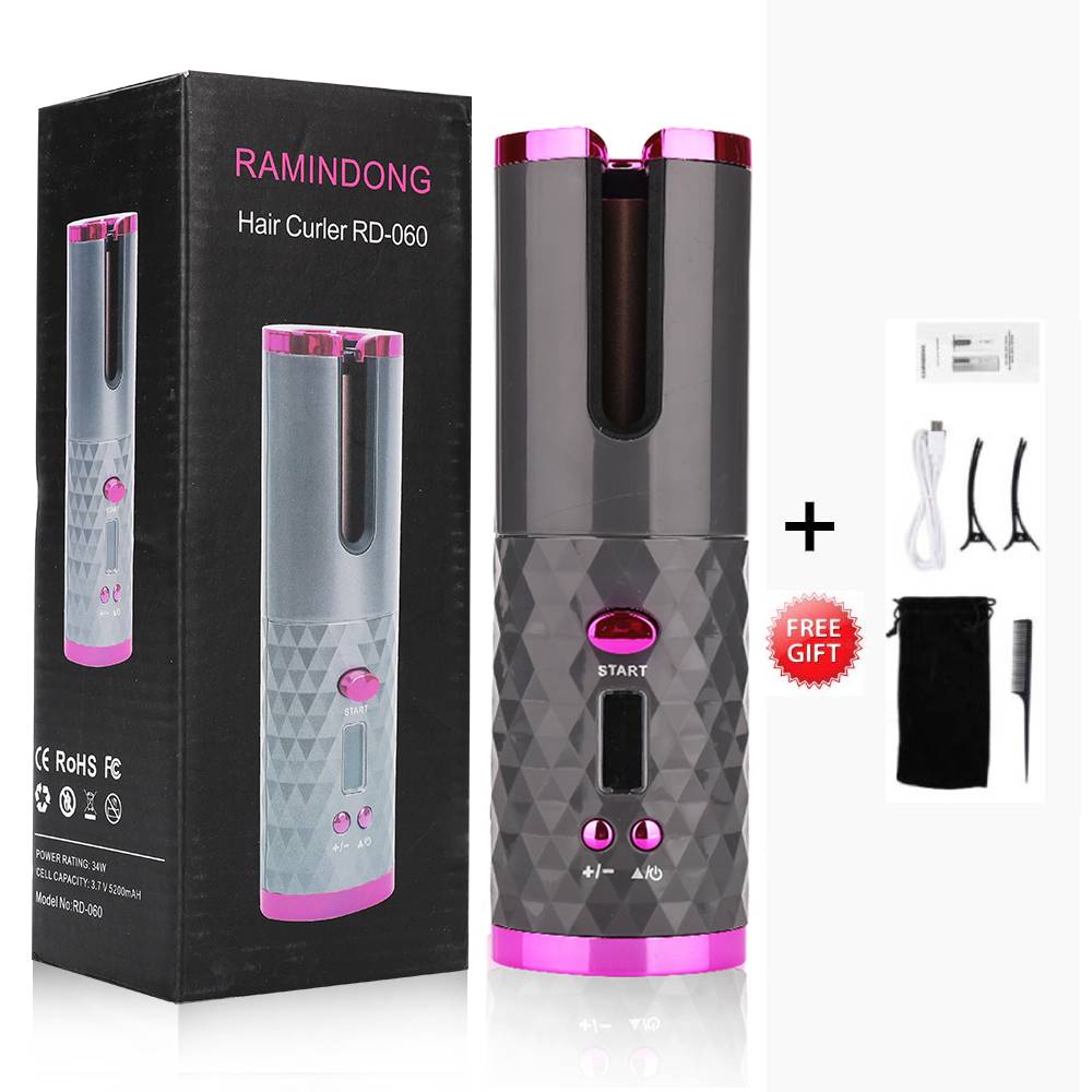 Portable Wireless Automatic Curling USB Rechargeable Hair Curler LED Display Temperature Adjustable Styling Tool Hair Device: Gray
