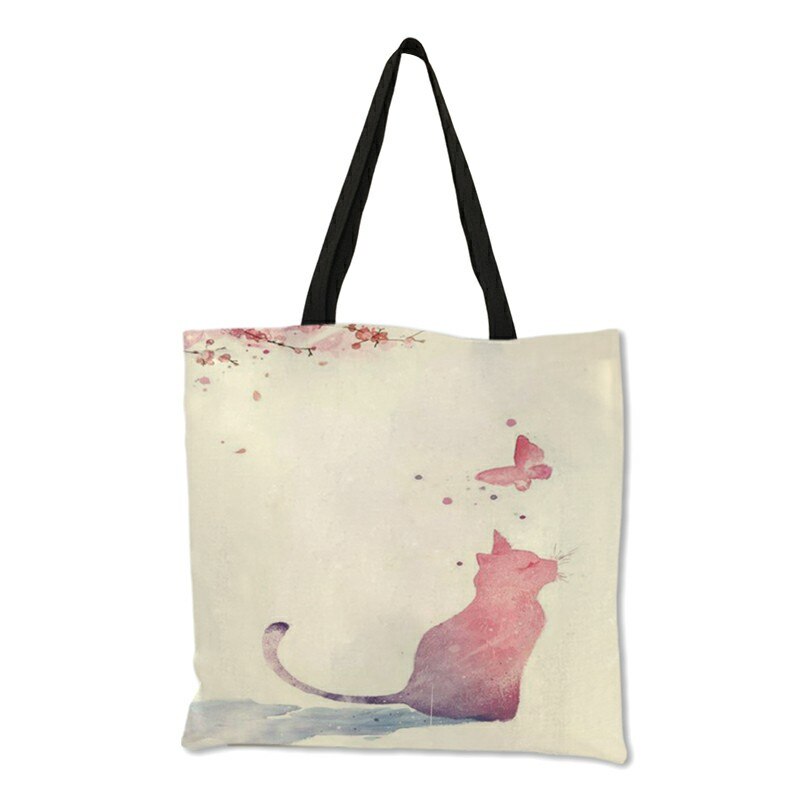 Bolsos de mano pintados a mano con acuarela para mujer, bolso de hombro con estampado Floral de gato bonito, bolso de mano para oficina, bolsos de compras informales diarios
