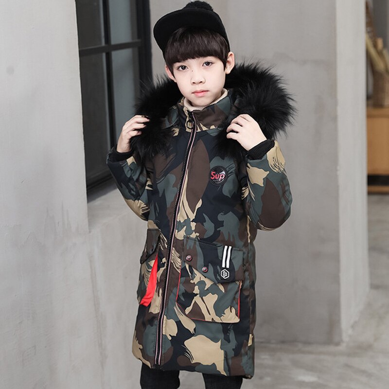 5-15 ans veste d'hiver pour garçon Camouflage doudoune avec fermeture éclair garçons fourrure vêtements d'extérieur à capuche enfants Long manteau TZ530
