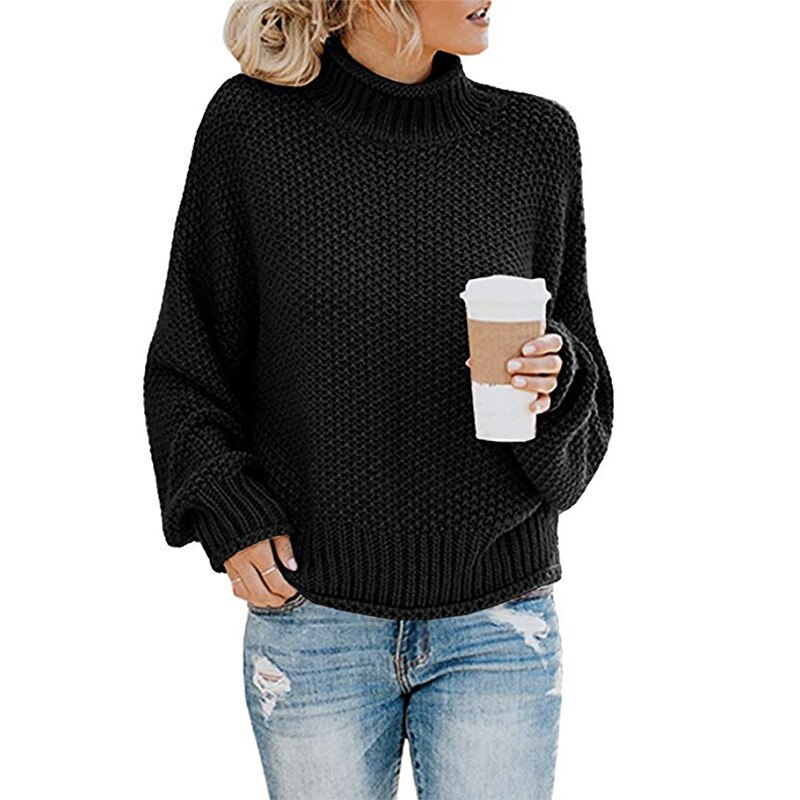 Knitted Turtleneck Warm Women's Sweater Autumn Long Lantern Sleeve Female Sweaters Winter Casual Solid Ladies Pullover: Black