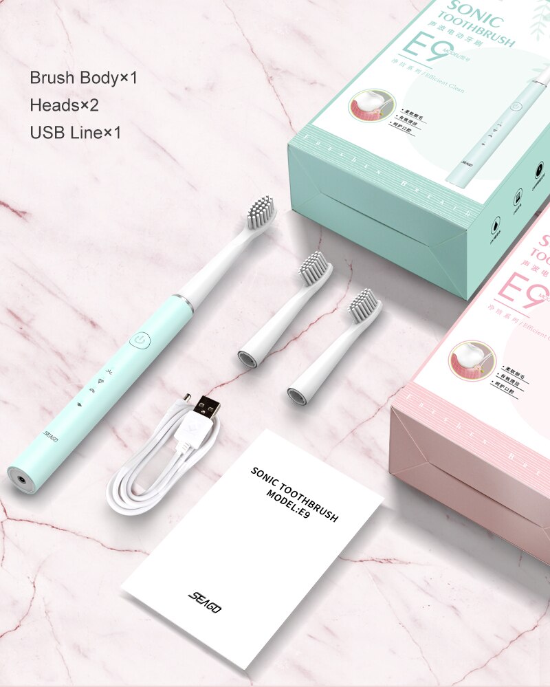 Seago Electric Toothbrush USB Rechargeable Sonic Tooth Brush for Female and Girl with 3 soft Brush heads box