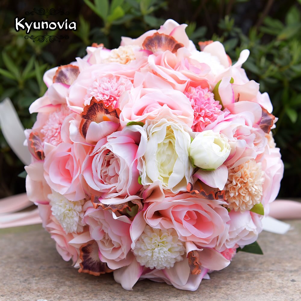 Kyunovia soie mariage Bouquet fleurs mariage souvenir Bouquet mariée Bouquet corail Rose et Rose hortensia mariage Bouquet FE36