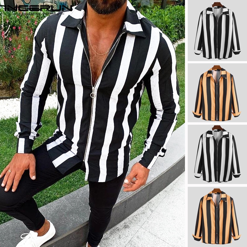 Stribede skjorter herre langærmede turn-down krave lynlåse streetwear stilfulde slim fit toppe chic camisa herre skjorte incerun 5xl