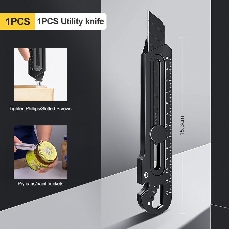 6 in 1 Stainless Steel Utility Knife Multi-Function Opener Retractable Box Cutter Portable Office Home Courier Unboxing Knifes: WHITE