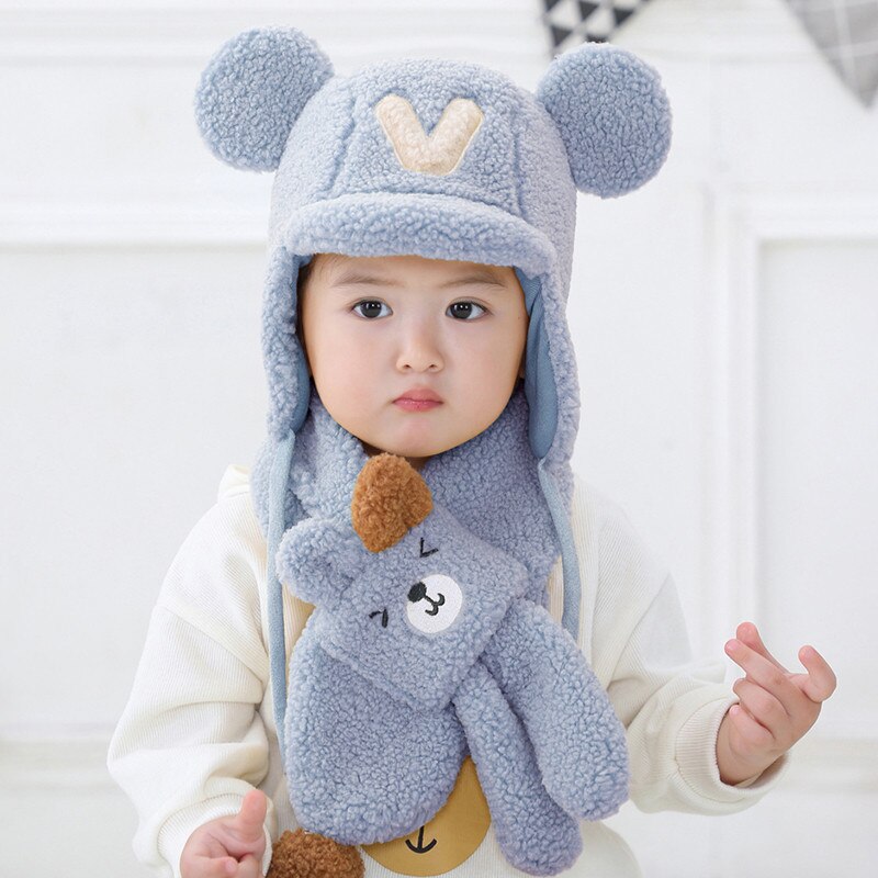 Traje de cuello y gorro de bombardero para bebé, otoño e invierno, dibujos animados para niños, niño y niña, juegos de gorro y bufanda gruesos y cálidos