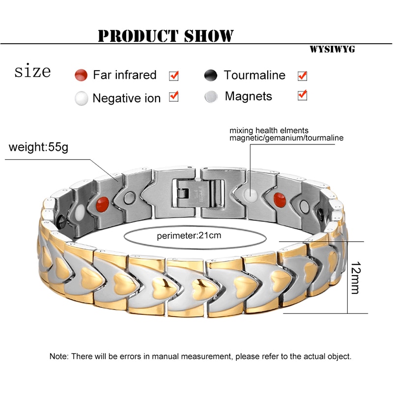 healing Magnetic Bracelet Men/Woman 316L Stainless Steel 3 Health Care Elements(Magnetic,FIR,Germanium) Gold Bracelet Hand