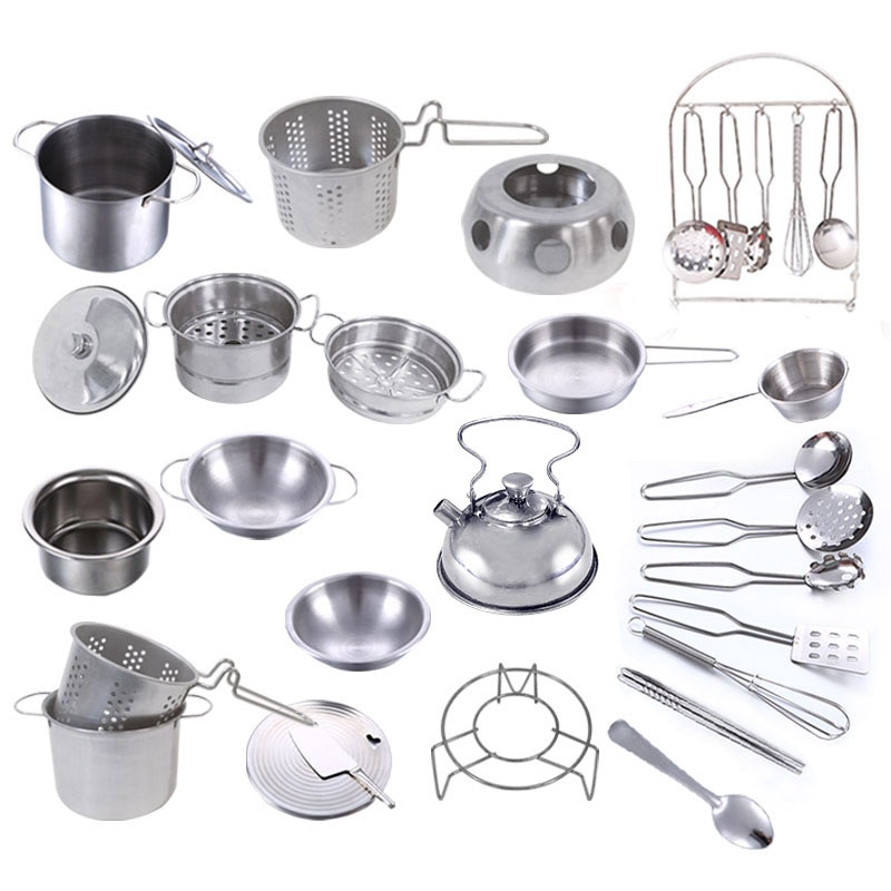 Cucina in Acciaio Inox Da Cucina Gioco di Utensile Utensili Da Cucina Ware Toy Pot Caldaia Padella Pentola di Rame Coperchio Casa di Bambola Accessori