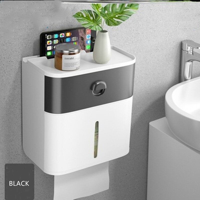 Self-Stick Waterproof Wall Toilet Paper Box Toilet Paper Towel Rack Toilet Household Pumping Free Punch Box Home: black
