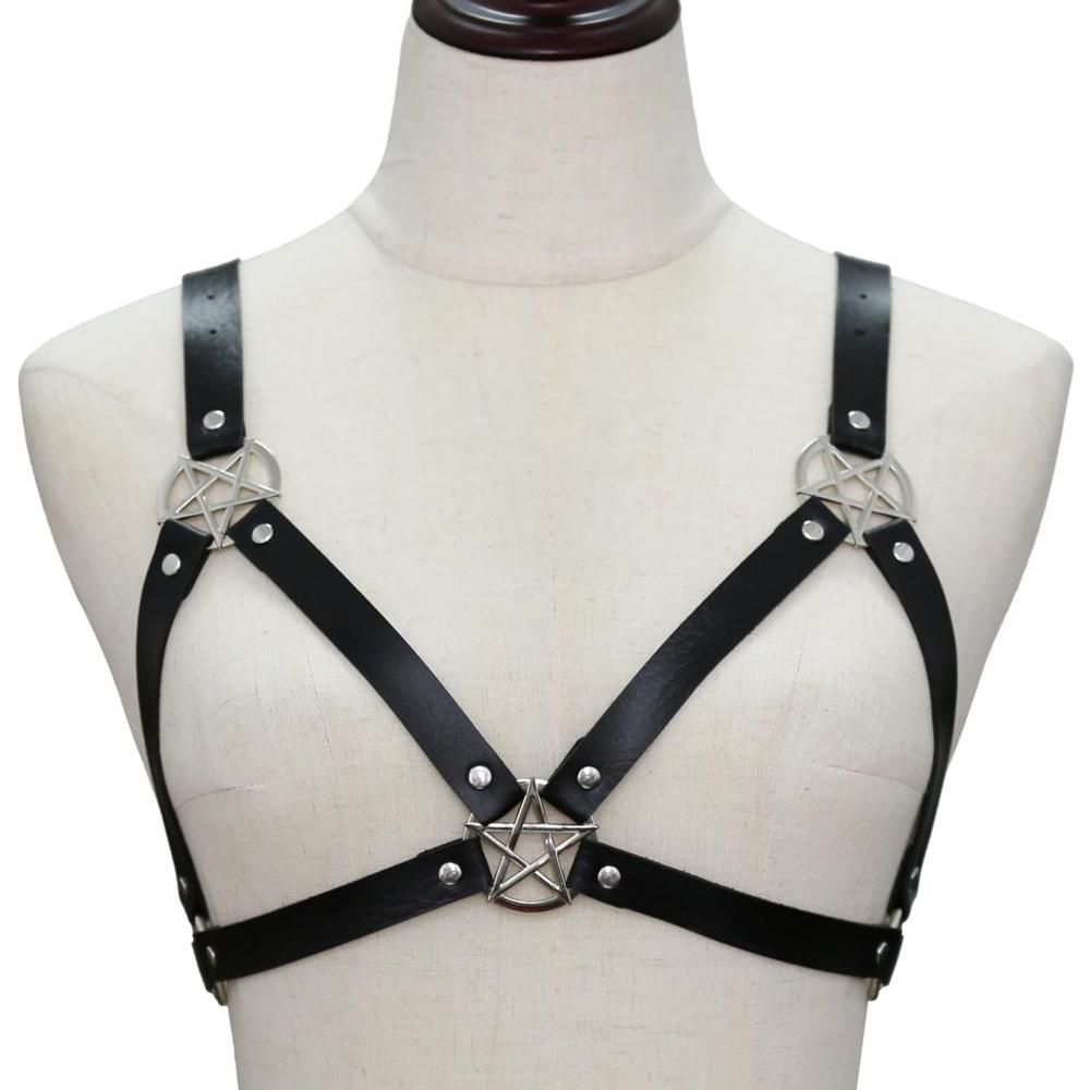 KMVEXO estilo Punk gótico Metal estrellas Bra cuerpo pecho collares para mujeres cuero arnés Anime collar calle joyería