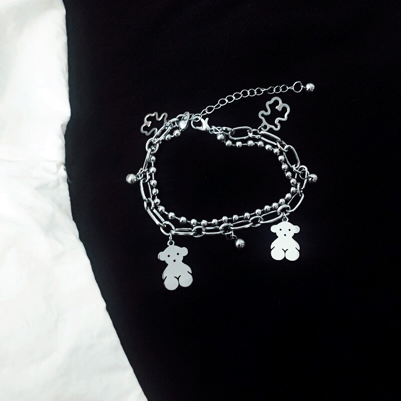 Nette Hohl Bär Armbinde für Frauen Hüfte-hüpfen Doppel Perle Kette Edelstahl Bär Armbinde Party Schmuck neue: Silber überzogen