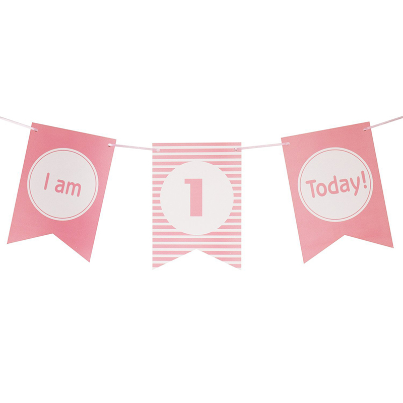 1 Set I am 1 Today Banner Paper Lovely 1st Birthday Bunting One Year Old Baby Boys Girls the First Birthday Photo Props Garlands: pink stripe