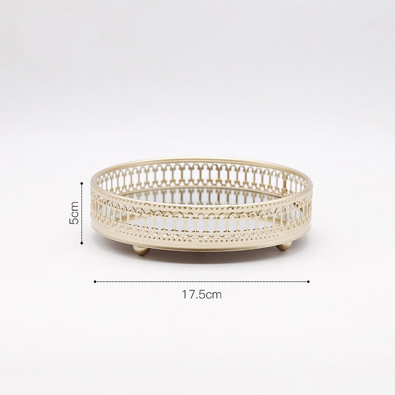 Retro golden iron glass metal storage tray golden round fruit tray desktop small items jewelry display tray mirror: Small