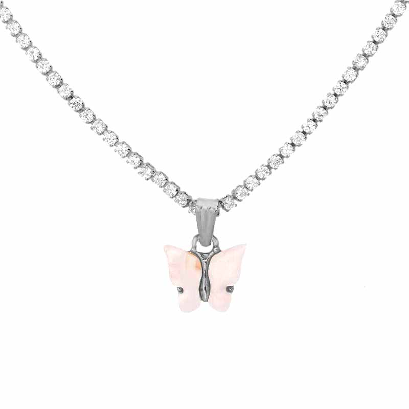 Trendy 2mm AAA Zircon Tennis Chain Necklace For Women Blue Pink Butterfly Pendant Necklace Hip hop Rock Jewelry: 031905W