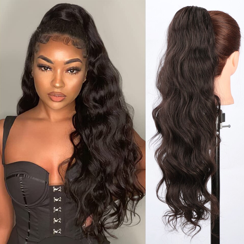SUe EXQUISITE Synthetic Long Wavy Ponytail Hair for Black Women Gray/Black Synthetic Drawstring Ponytail Clip Hair Extension: dark brown
