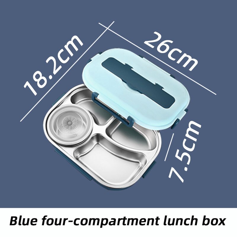 Lunch Box With Compartments Stainless Steel Insulated Tableware Bento Food Container Storage Meal Tray Lunchbox Thermos: Blue  A