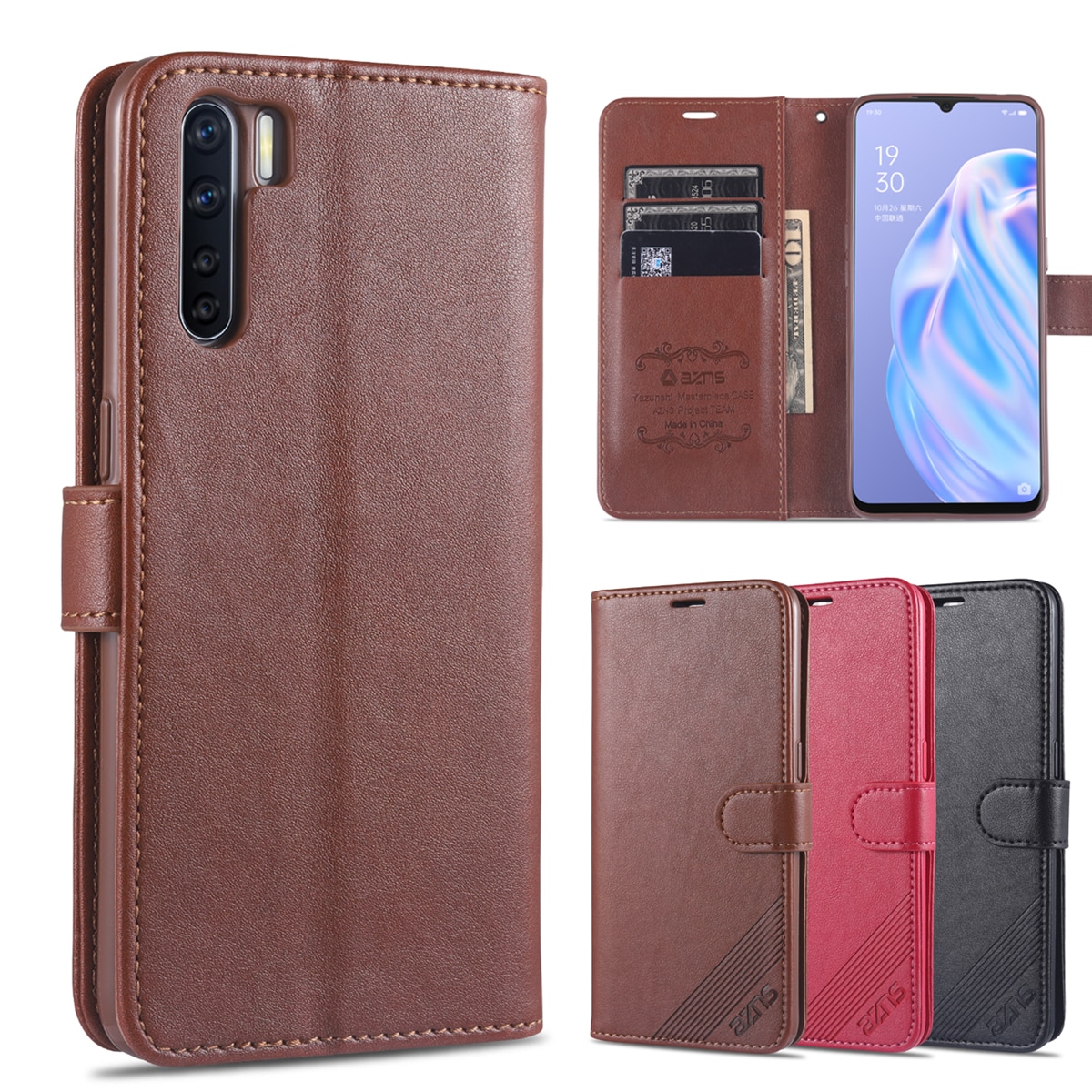 Azns Case Voor Oppo Reno 3 Global Edition/Oppo A91/Oppo F15 Pu Leather Cover Kaarthouder Wallet case Fundas Coque