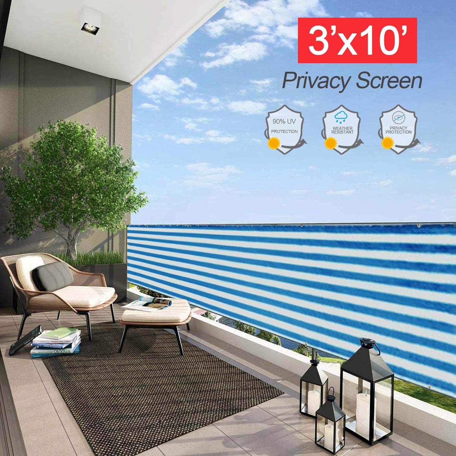 TECHTIMES Recinzione Dello Schermo di Segretezza 6 'x 25' Recinto Della Maglia Tarp 90% Il Blocco del Cavo cerniera lampo cravatte in forma per Esterno recinzione cantiere Ombra Della Copertura: blu bianca banda