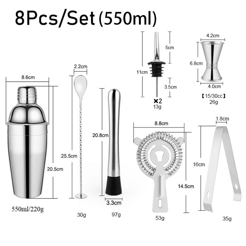 550ML/750ML Stainless Steel Mixer Wine Martini Cocktail Shaker Cocktail Shaker Bar Set Boston Shaker For Drink Party Bar Tools: 8Pcs 550ML