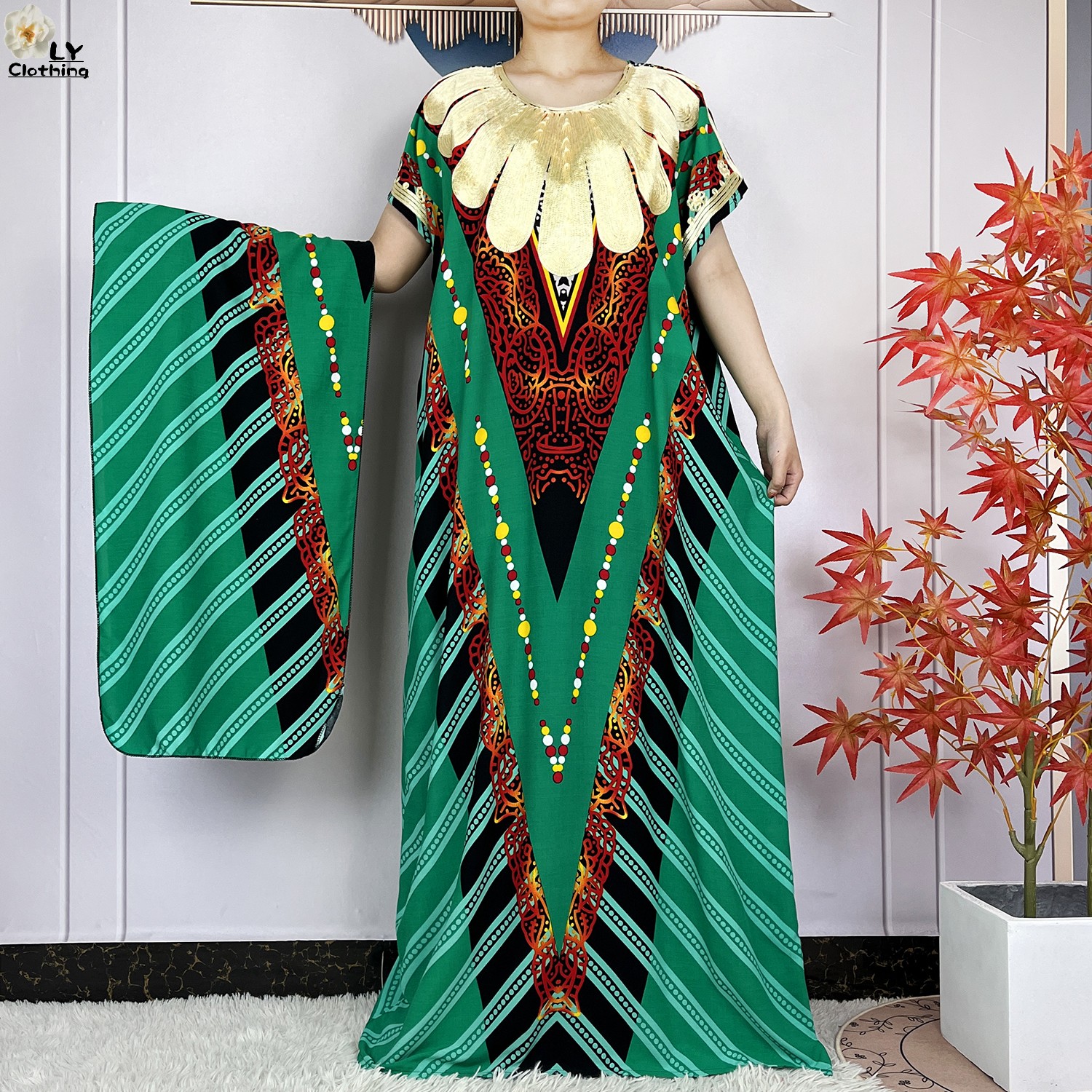 Vestidos maxi de algodão solto com lenço de cabeça para mulheres muçulmanas, vestidos casuais muçulmanos, manga curta, estampa floral, kaftan africano, islamismo, novo, verão: Dourado