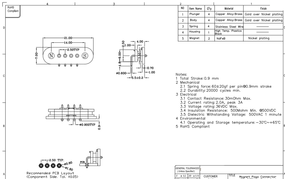 Spring-Loaded Magnetic Pogo pin connector 4 pin Pitch 2.5mm through hole Angled male female 2A36V 90degree DC Power Charge Probe
