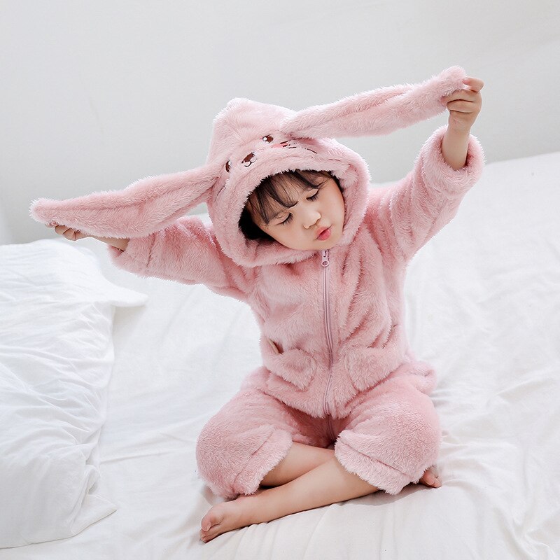 Hiver bébé filles Kigurumi Pajimas Animal lapin à capuche enfants combinaison chaude Onesie enfants flanelle pyjama vêtements de nuit dormeuses 7Y: Pink / 3T