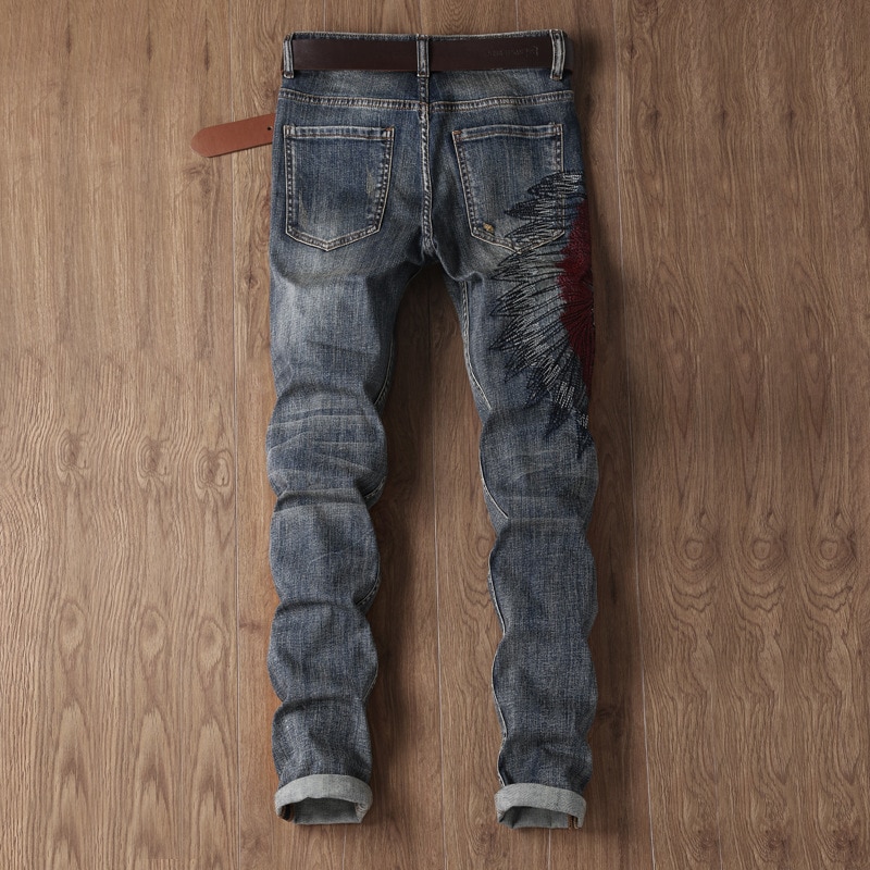 Sokotoo Men's vintage embroidery ripped jeans slim straight holes torn denim pants