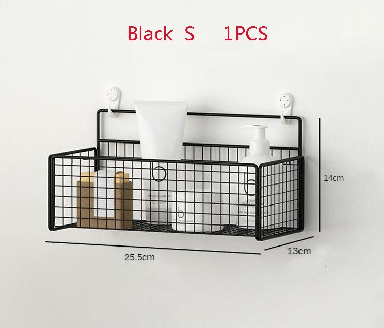 Black Wall-mounted bathroom shelf organizer Shampoo Rack Toilet Accessories Kitchen Free Punch Condiment Storage Basket: Black S 1PCS
