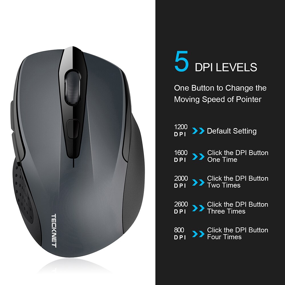 TeckNet bezprzewodowa mysz optyczna komputerowa mysz Bluetooth 2600DPI 2.4G bezprzewodowa mysz Bluetooth ergonomiczne myszy do laptopa/tabletu