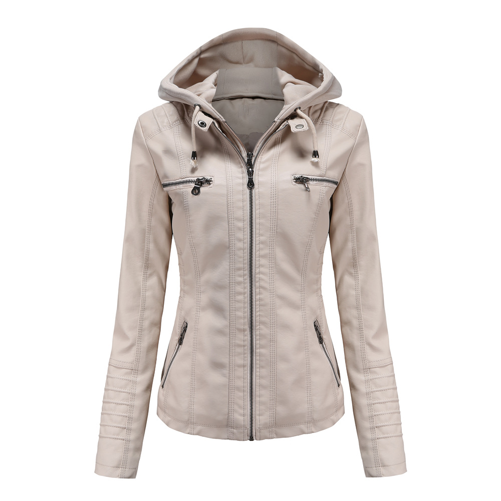 YJKDYK 2025 Lente Herfst vrouwen Lederen Jassen Capuchon Afneembare Rits Jas Vrouwelijke Zak Pure Kleur Motorjas: XXXL / Beige