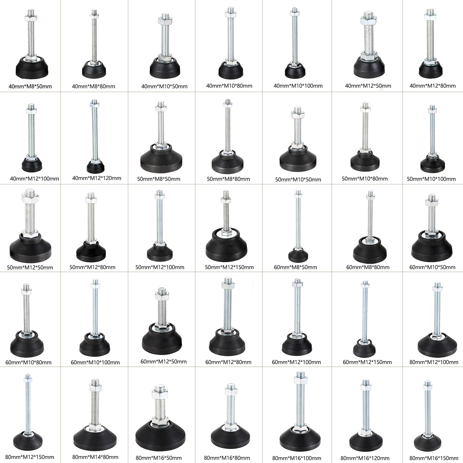 Adjustable Levelling Feet Swivel Base Furniture Glide Pad Adjusting Foot M8 M10 M12 M14 M16 Threaded Screw in Height 2/1 PC