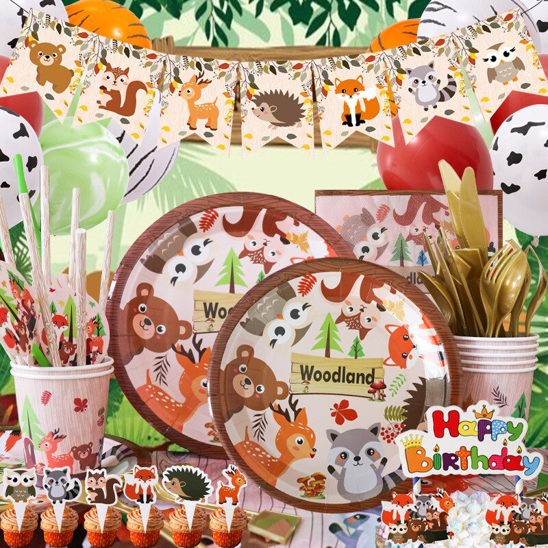 Forest animal theme party fox hedgehog pattern children's birthday party decoration animal balloon disposable napkin plate