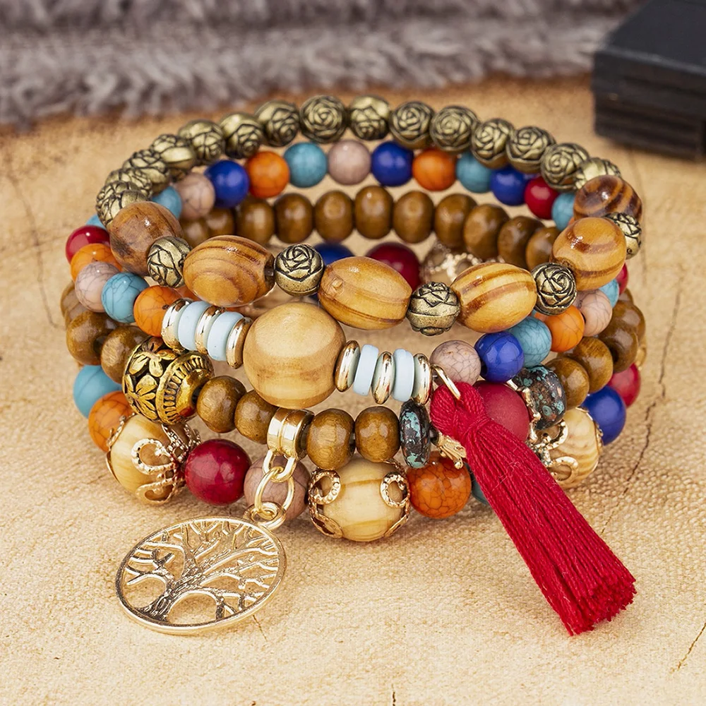 Conjunto de pulsera de árbol de la vida para mujer, brazalete de cadena elástica con cuentas de madera y borlas, joyería de para