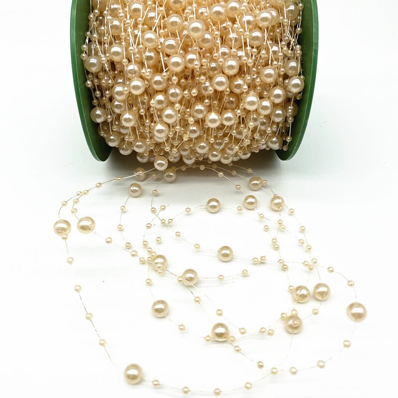 Línea de pesca de decoración navideña, 2 yardas, 8 + 3mm, perlas artificiales, cadena de cuentas, guirnalda de flores, de boda # SBT: Beige