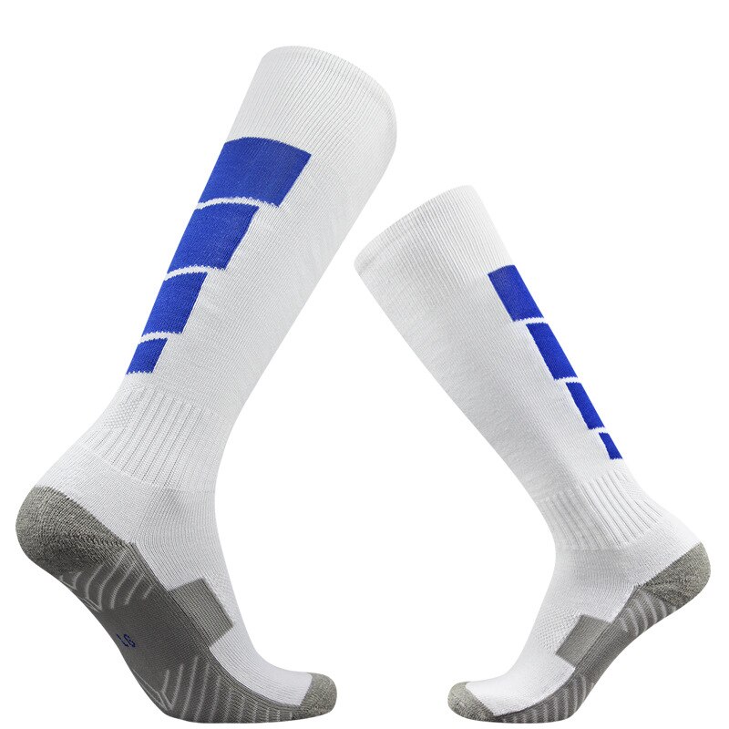 Parent-child Football Sports Socks Men Women Long Tube Thick Knee-high Non-slip Towel Bottom Compression Socks: white with blue / adult EUR 39-45